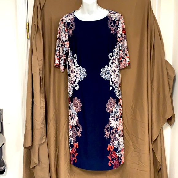 NEW Chetta B. Blue Jersey Dress w/Floral Sz 14 - Picture 1 of 16